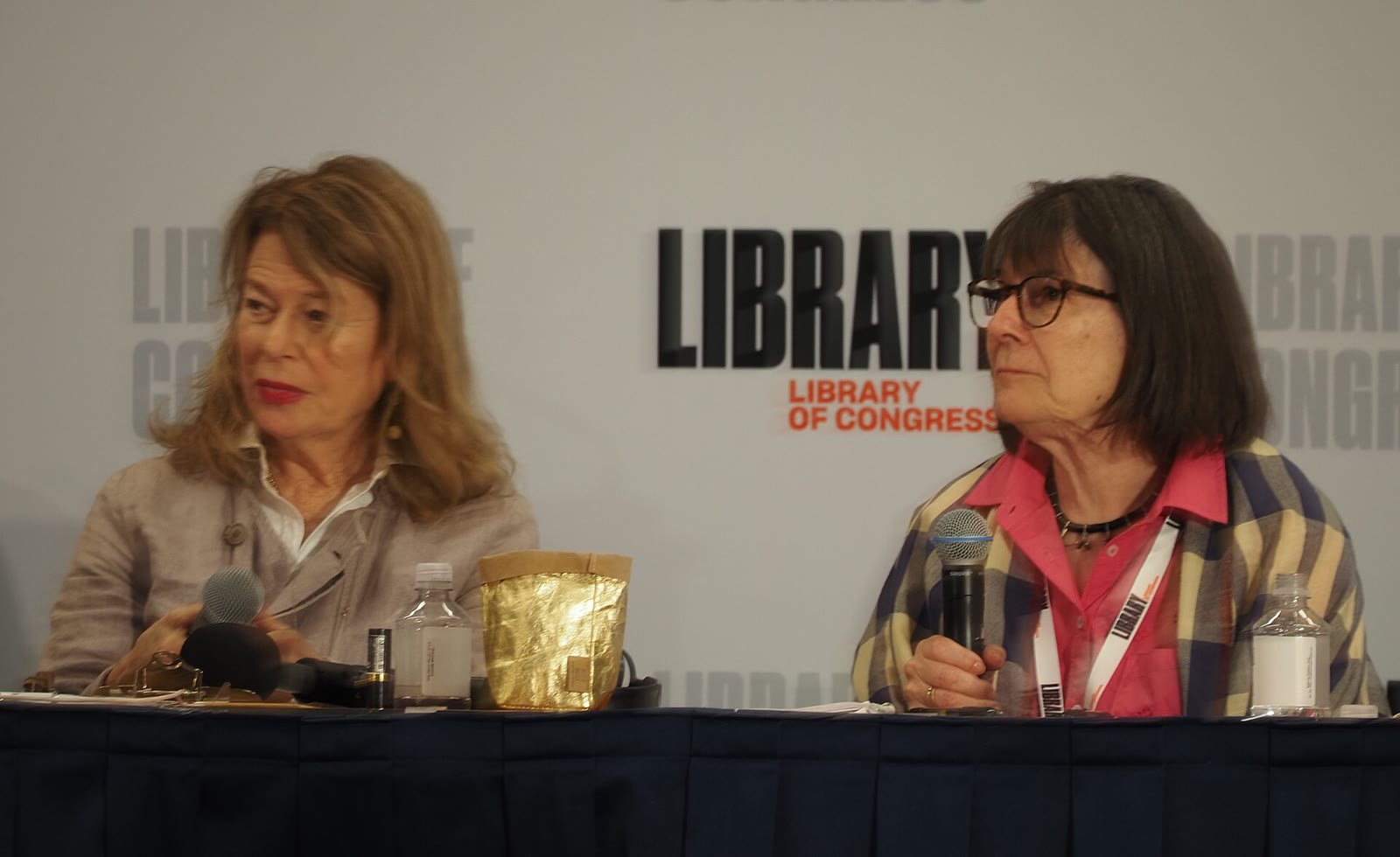 The Kitchen Sisters, Davia Nelson and Nikki Silva, reading on stage at the National Book Festival