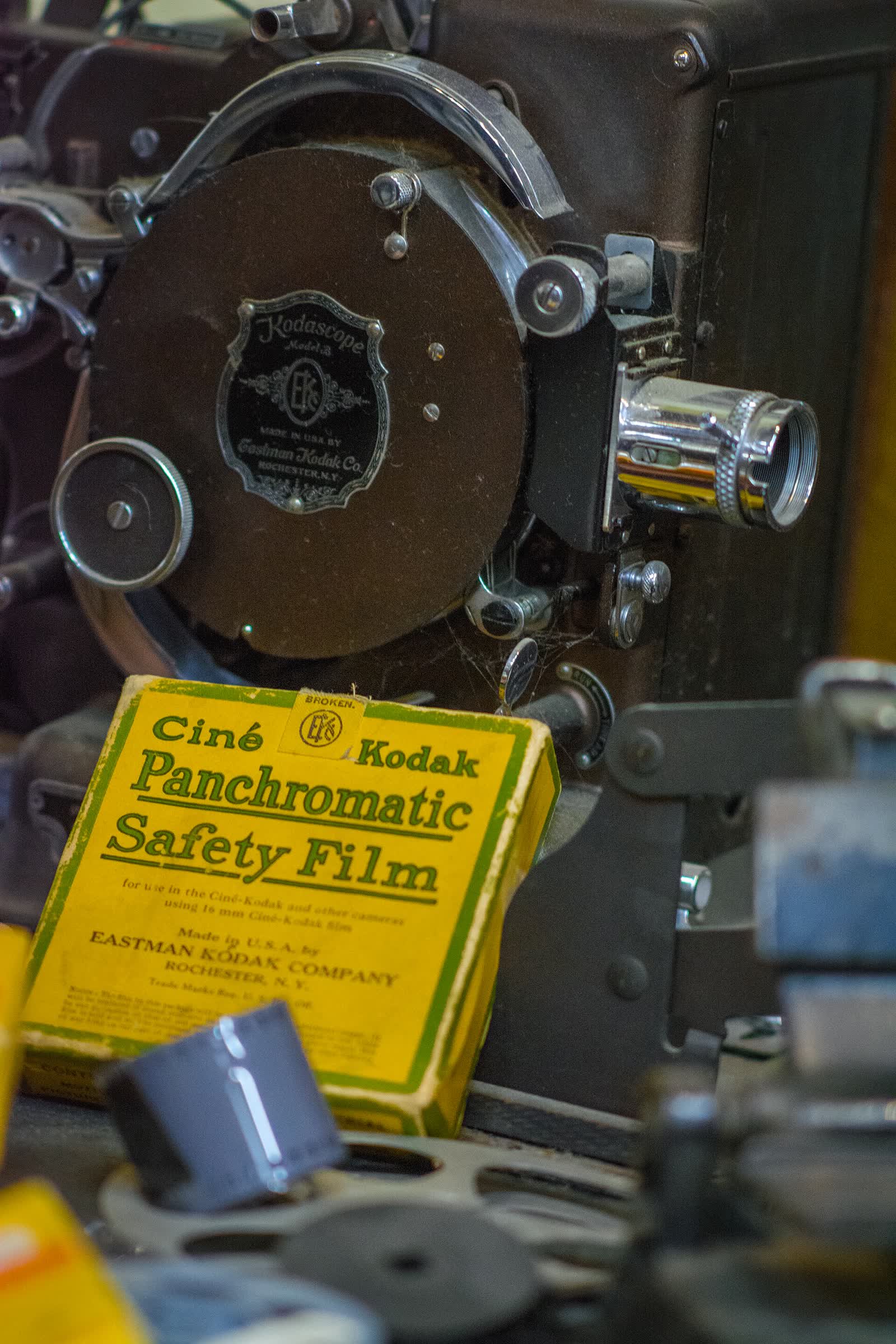 A Kodak Kodascope Model B 16mm movie projector beside a box of Panchromatic Safety Film