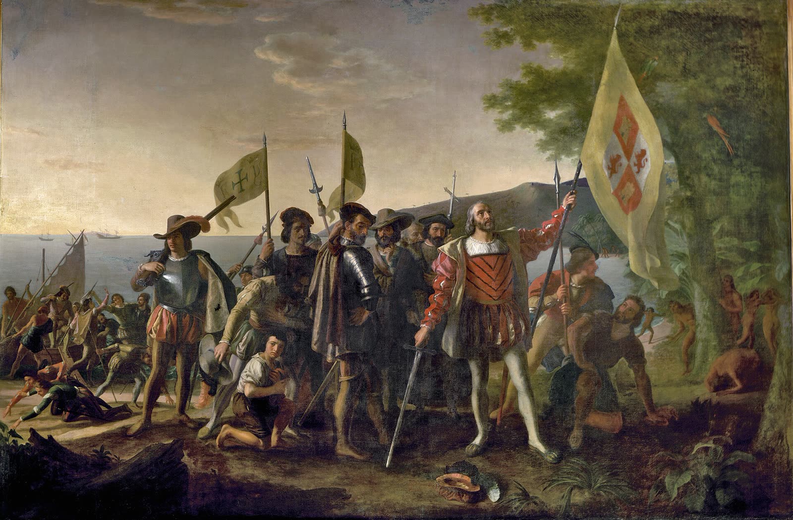 John Vanderlyn's painting of Christopher Columbus stepping ashore with a raised banner while his crew gathers on the beach