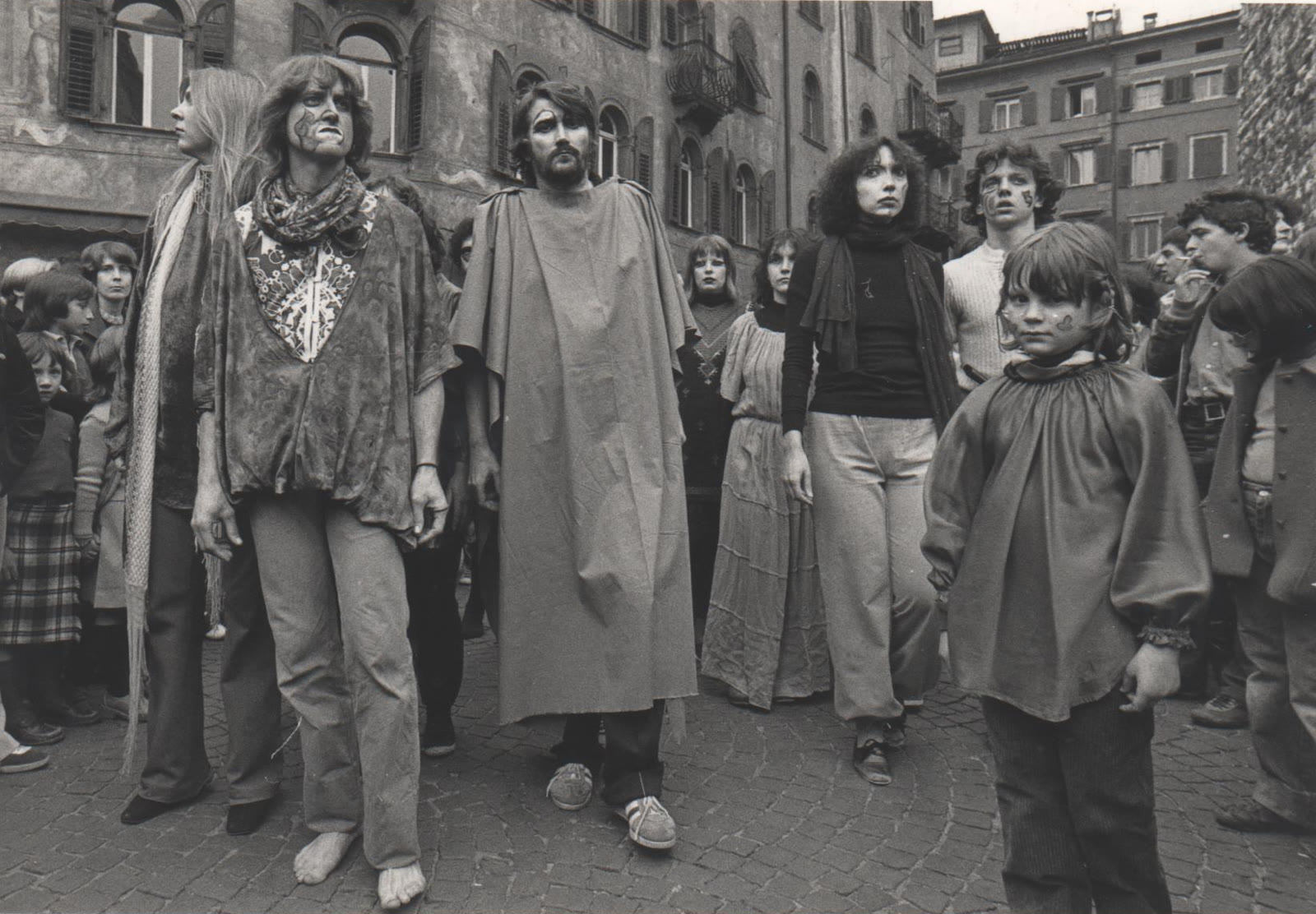 The Living Theatre giving an outdoor performance in Piazza Duomo, Trento, in 1980