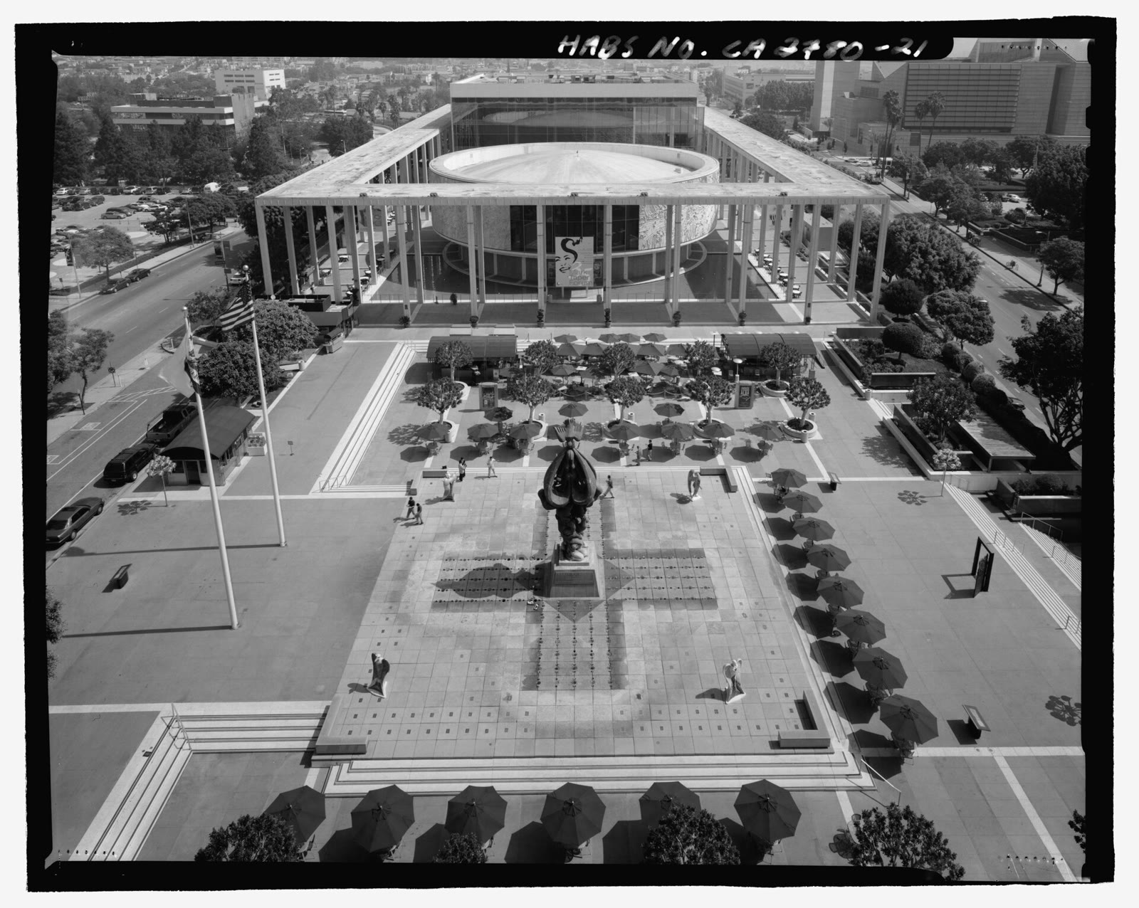 Aerial view north across the Los Angeles Music Center plaza, with the circular Mark Taper Forum between the two larger halls
