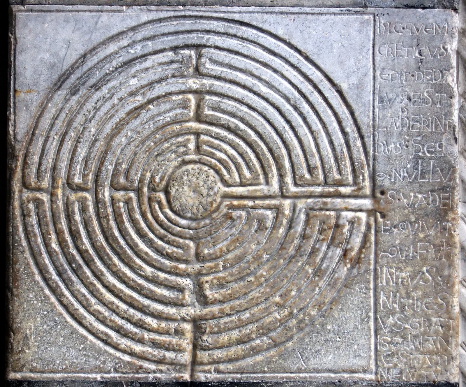 A labyrinth carved into the stone on the portico of the Cathedral of San Martino in Lucca, Tuscany