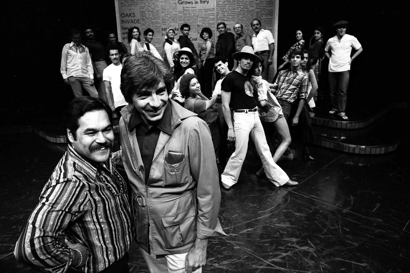 Luis Valdez and Gordon Davidson posing with the cast of Zoot Suit in 1978