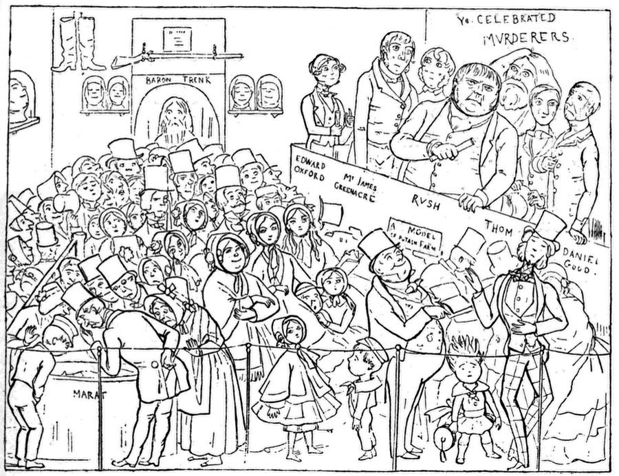 Richard Doyle's 1849 cartoon of visitors viewing wax figures in Madame Tussaud's Chamber of Horrors