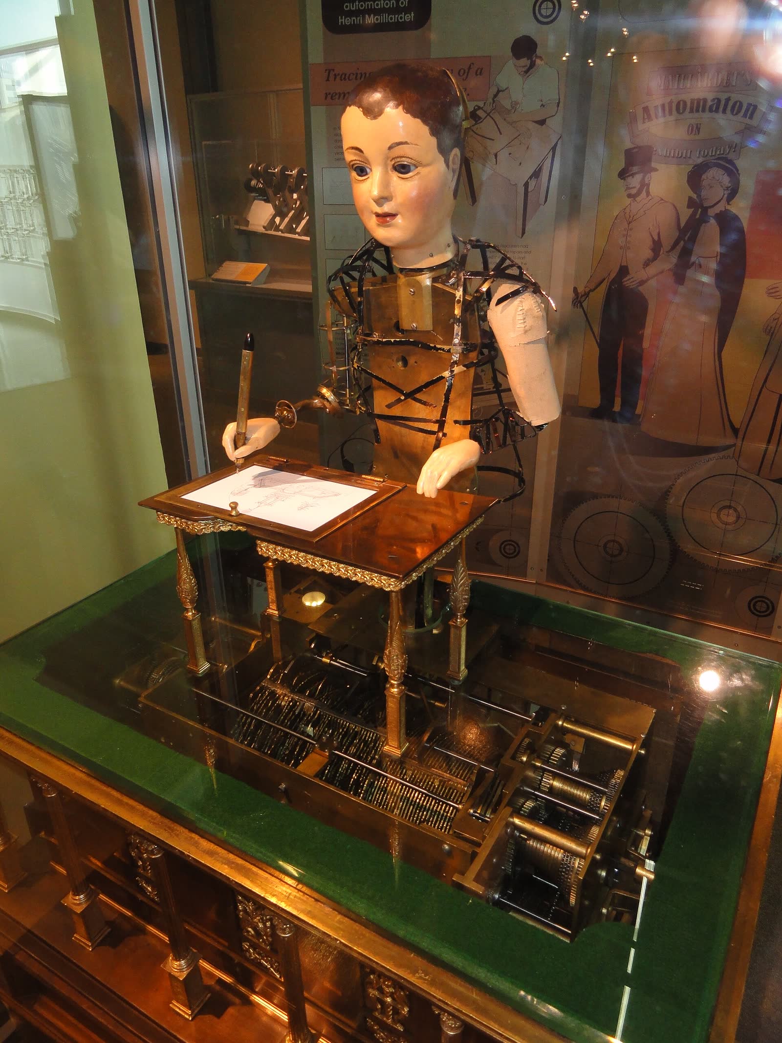 Henri Maillardet's writing automaton in its display case at the Franklin Institute