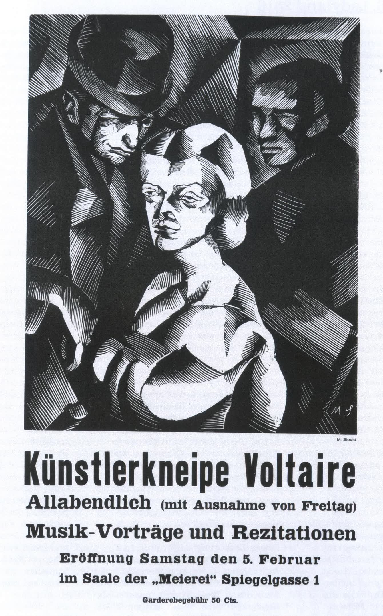 Black and white poster with cubist faces above the words Künstlerkneipe Voltaire and the opening details for Spiegelgasse 1