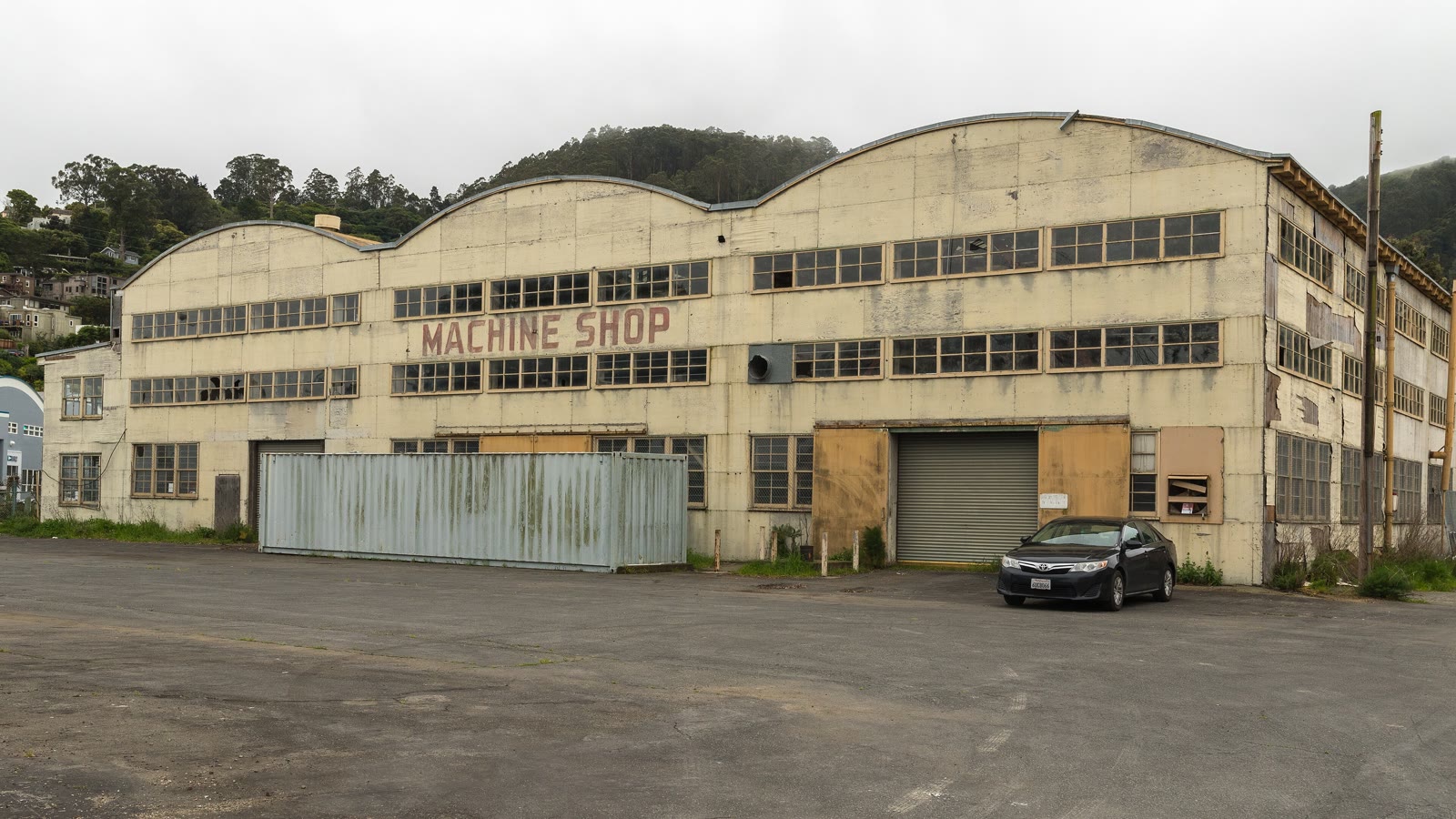The long former Marinship machine shop building on Liberty Ship Way in Sausalito