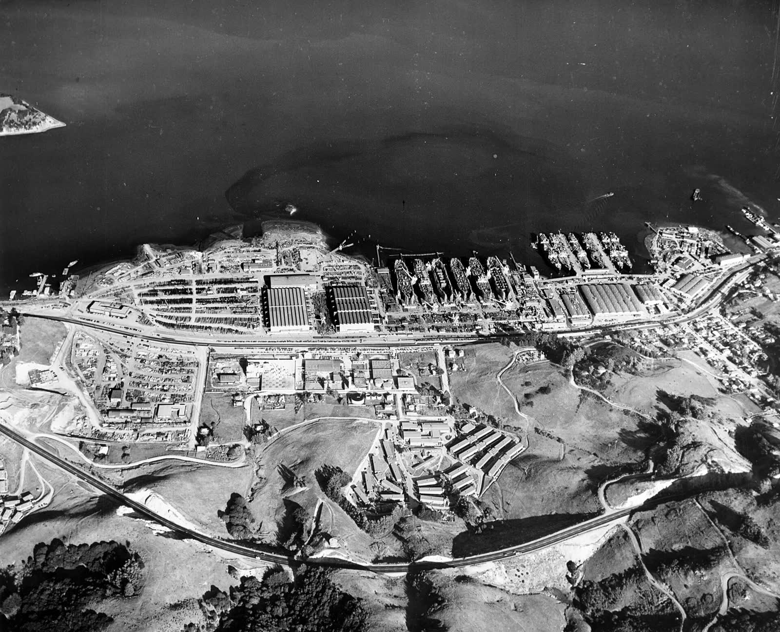 Black and white aerial photograph of the Marinship shipyard in Sausalito, looking east, December 1944
