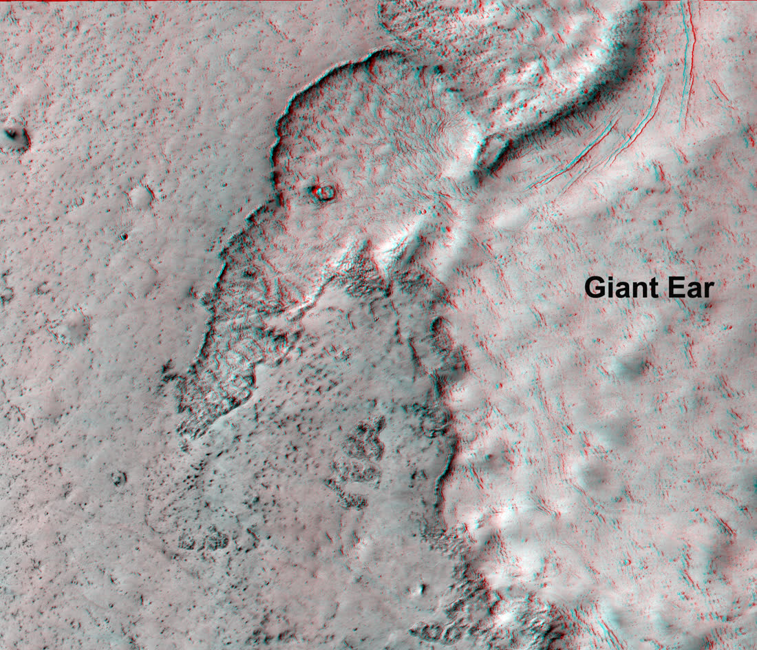 Red and cyan anaglyph of a Martian landform nicknamed the Elephant, made from NASA HiRISE camera images