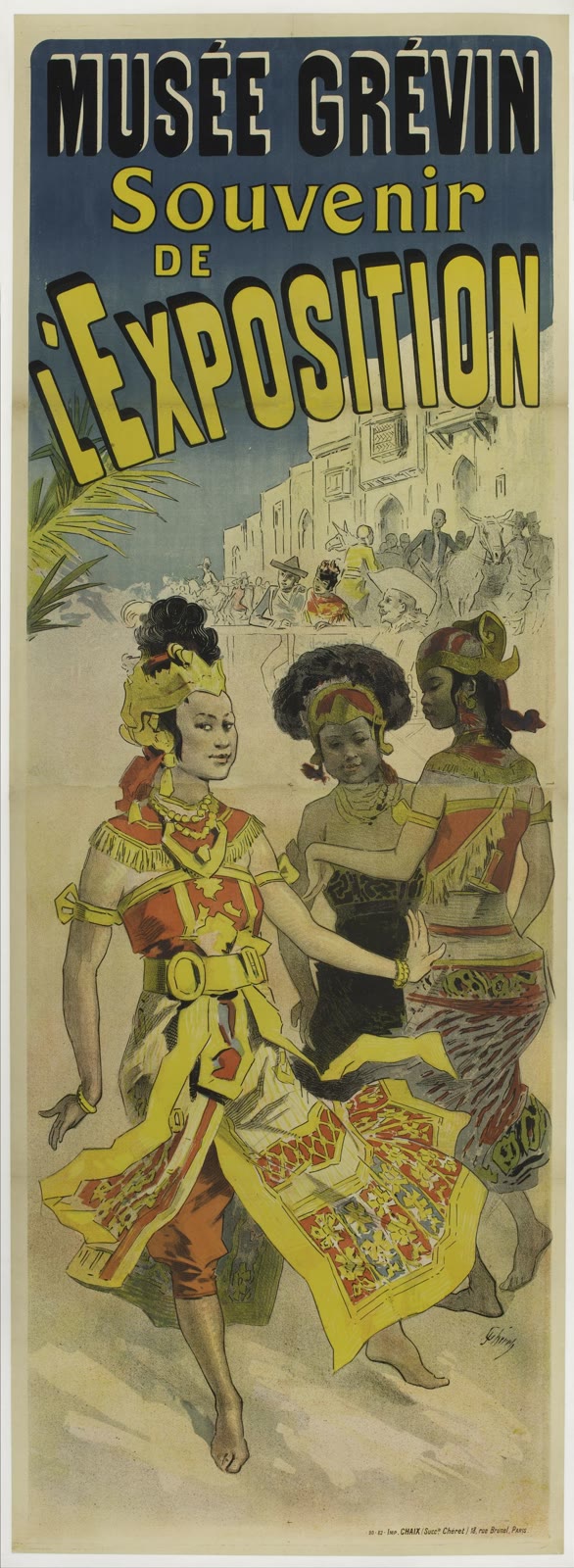 Tall colour lithograph poster by Jules Chéret advertising the Musée Grévin, 1890