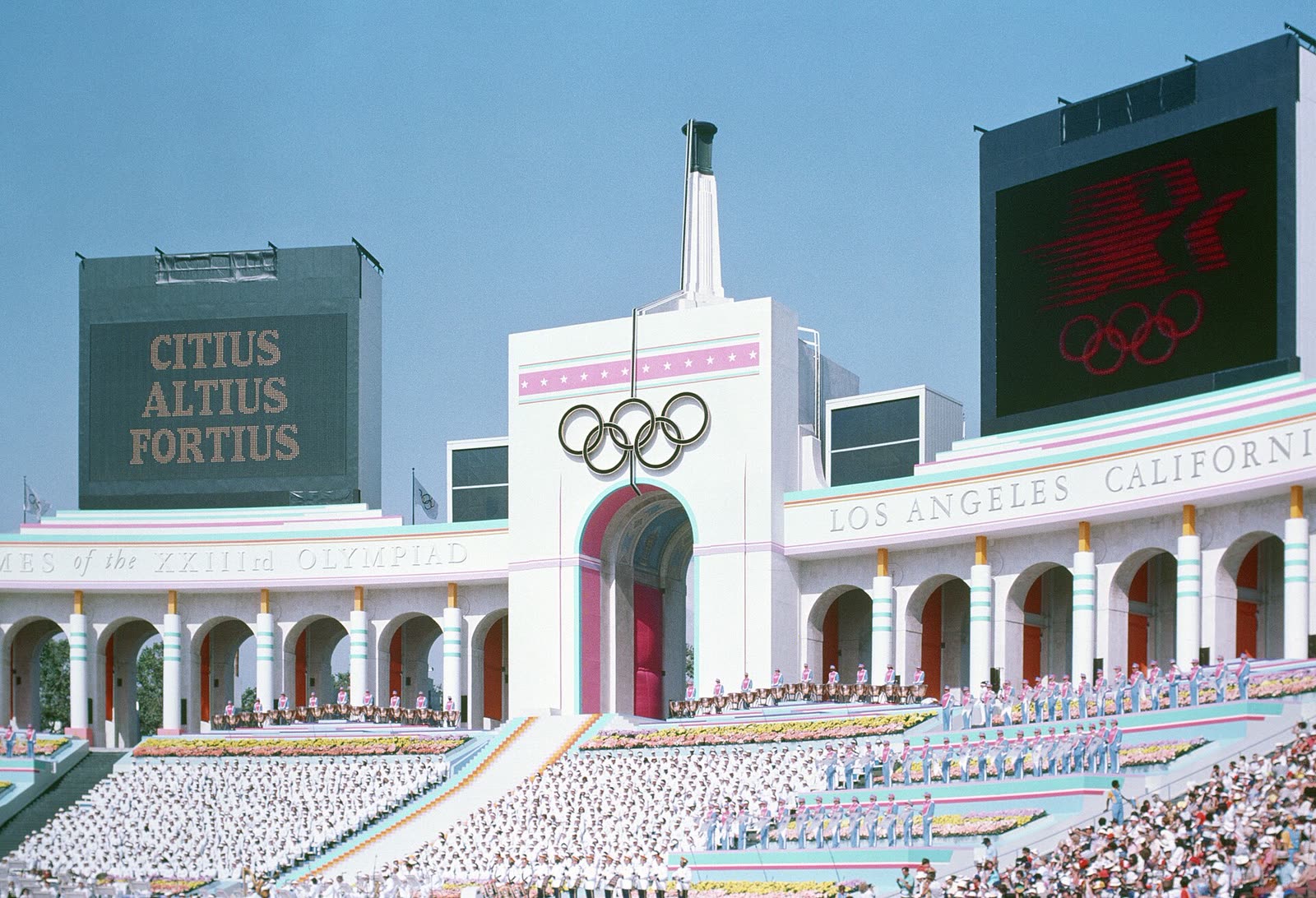 The Olympic torch tower of the Los Angeles Memorial Coliseum on the day of the 1984 opening ceremonies
