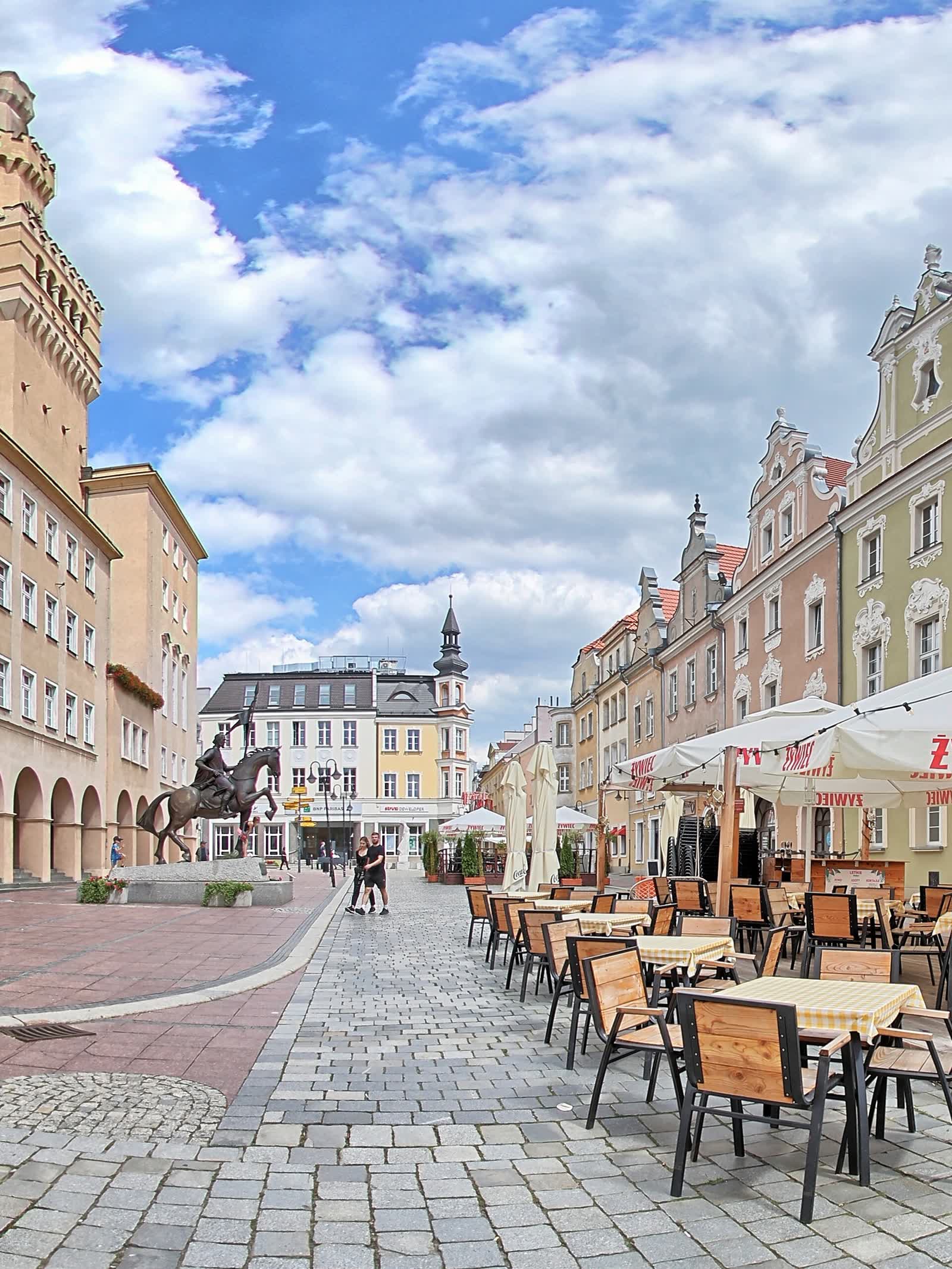 Opole's market square with the town hall and historic town houses, Poland, 2024