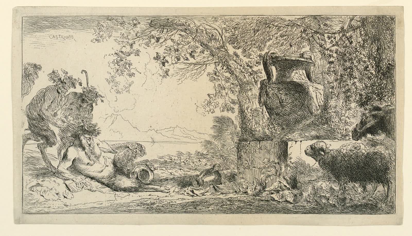 A print of about 1660 showing the Greek god Pan reclining in a garden clearing opposite a vase, with two satyrs behind him