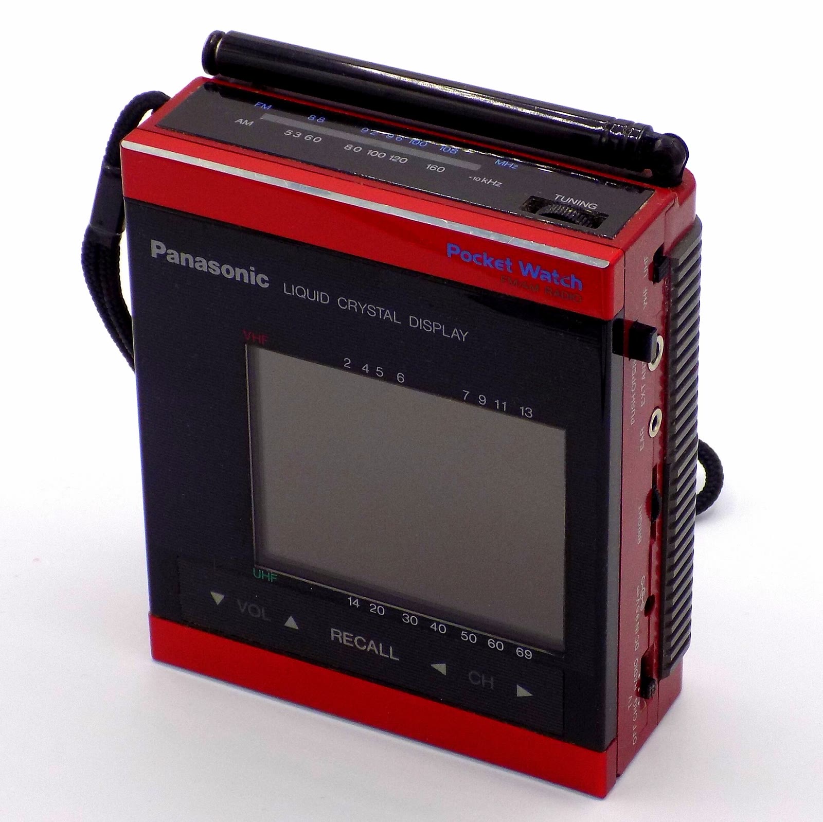 A Panasonic pocket-watch-shaped miniature television with an AM-FM radio built in
