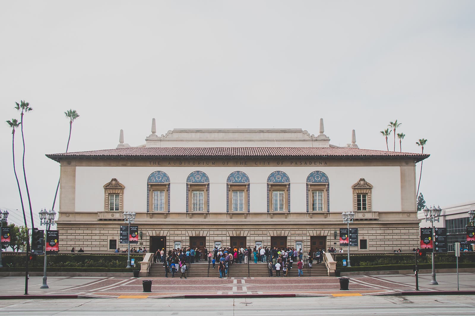 The front of the Pasadena Civic Auditorium, a historic 1931 concert hall