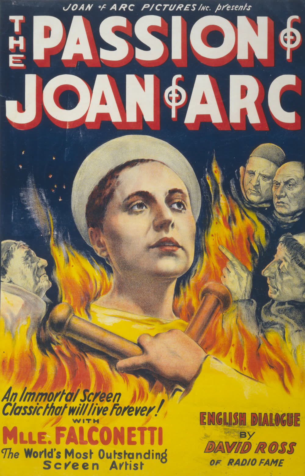 Painted US poster for Carl Theodor Dreyer's film The Passion of Joan of Arc, picturing Renée Falconetti as Joan