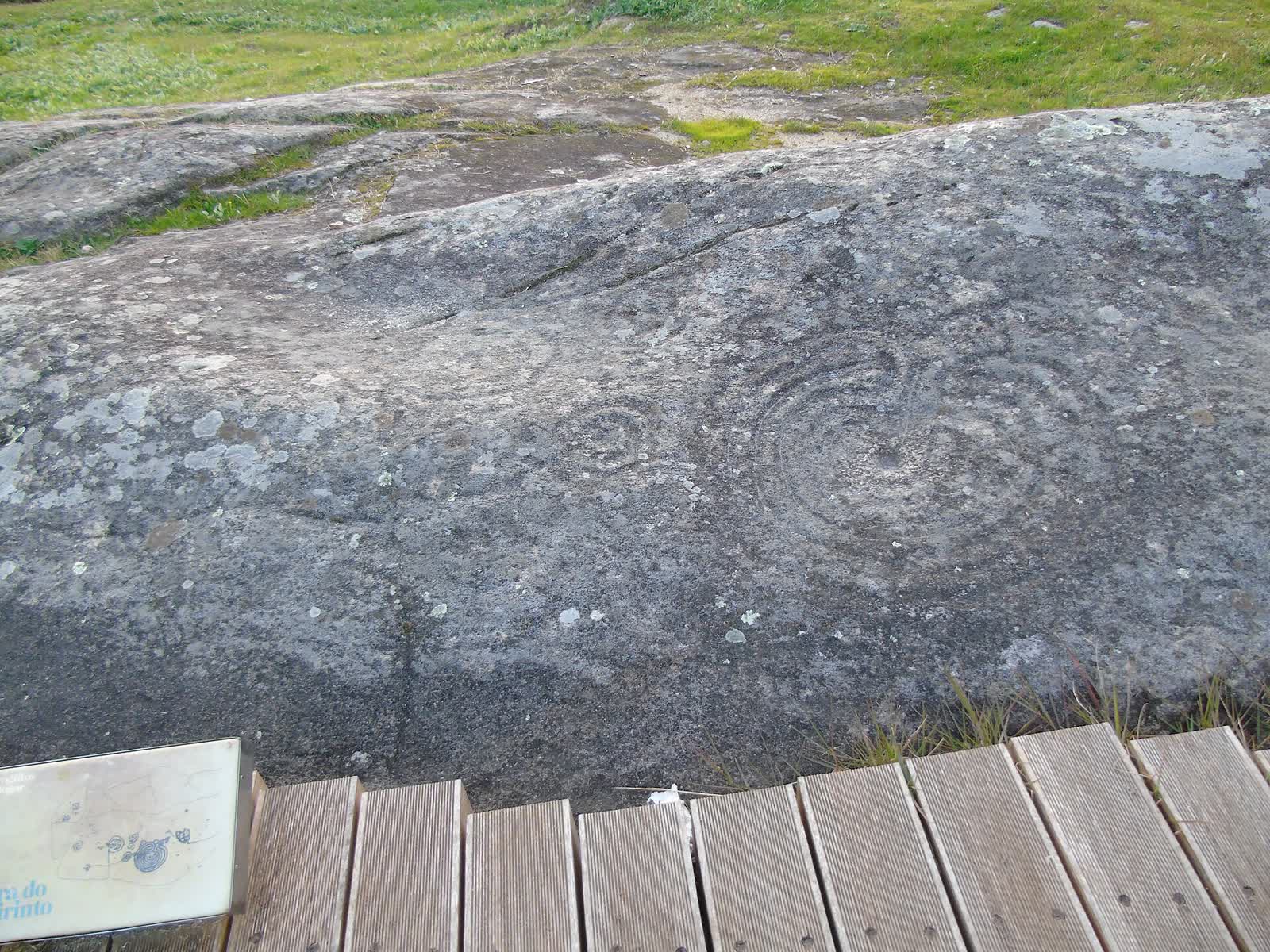 Labyrinth petroglyphs carved into the rock at the Pedra do Labirinto in Mogor, Marín, Galicia, Spain