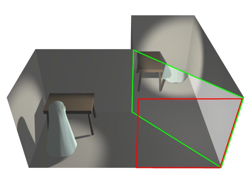 Rendered diagram of the Pepper's ghost set-up: a lit figure in a hidden room reflects in an angled sheet of glass and appears on the stage as a ghost