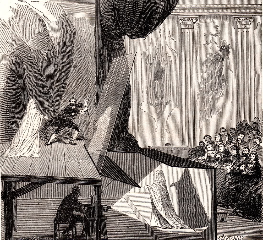 Illustration of a Pepper's Ghost stage set-up, the glass reflection illusion behind stage ghosts