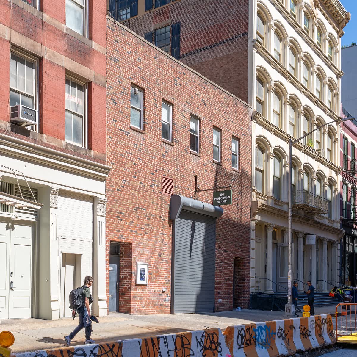 Street front of the Performing Garage, a converted garage building on Wooster Street in New York