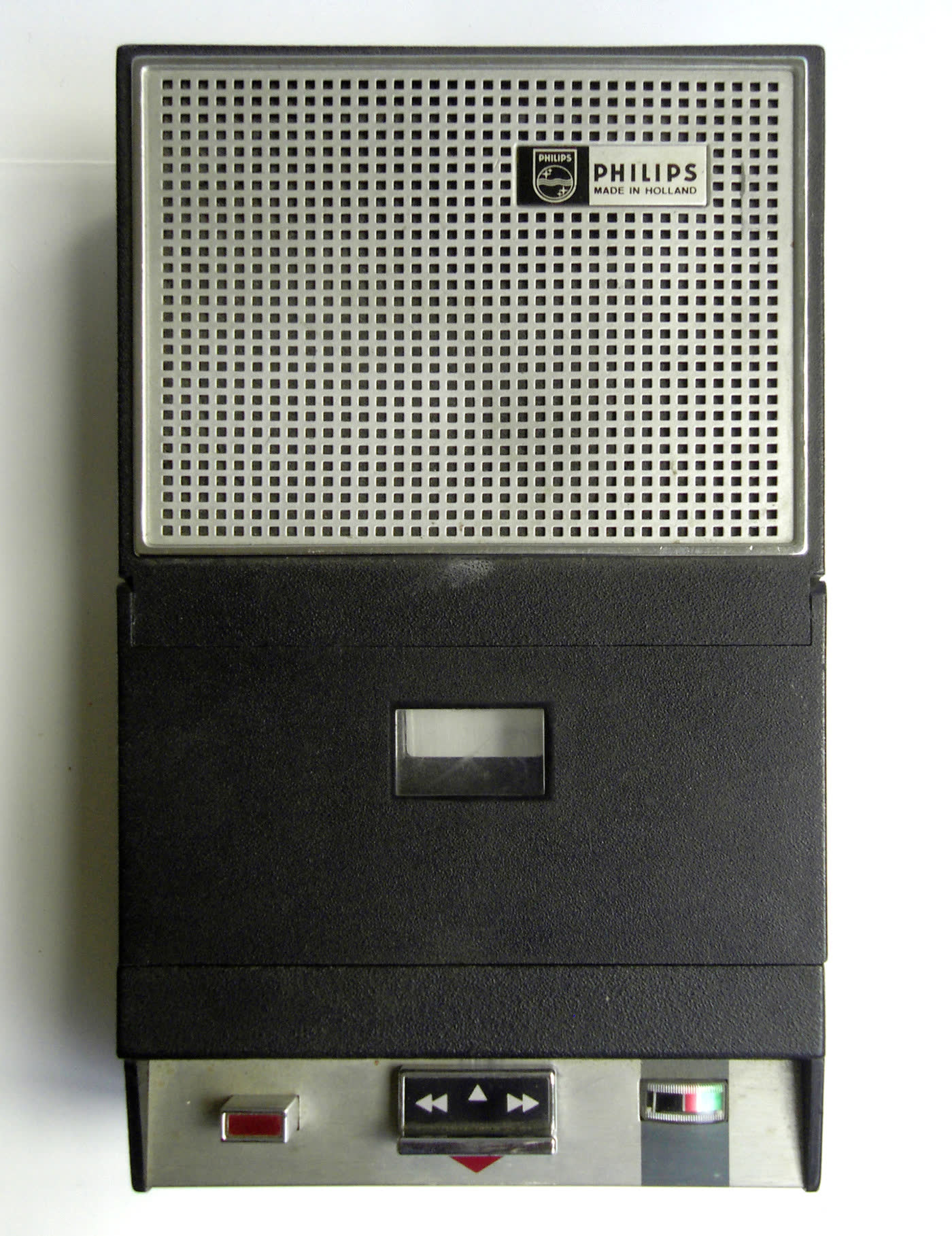 A first-generation Philips portable cassette recorder of the EL 3300 type from 1963