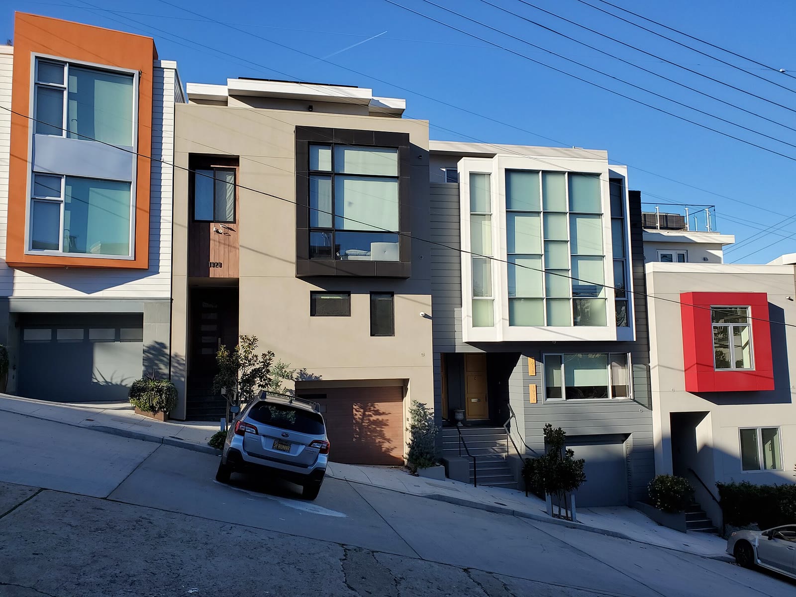 Modernist houses on 18th Street on Potrero Hill, San Francisco, in February 2021