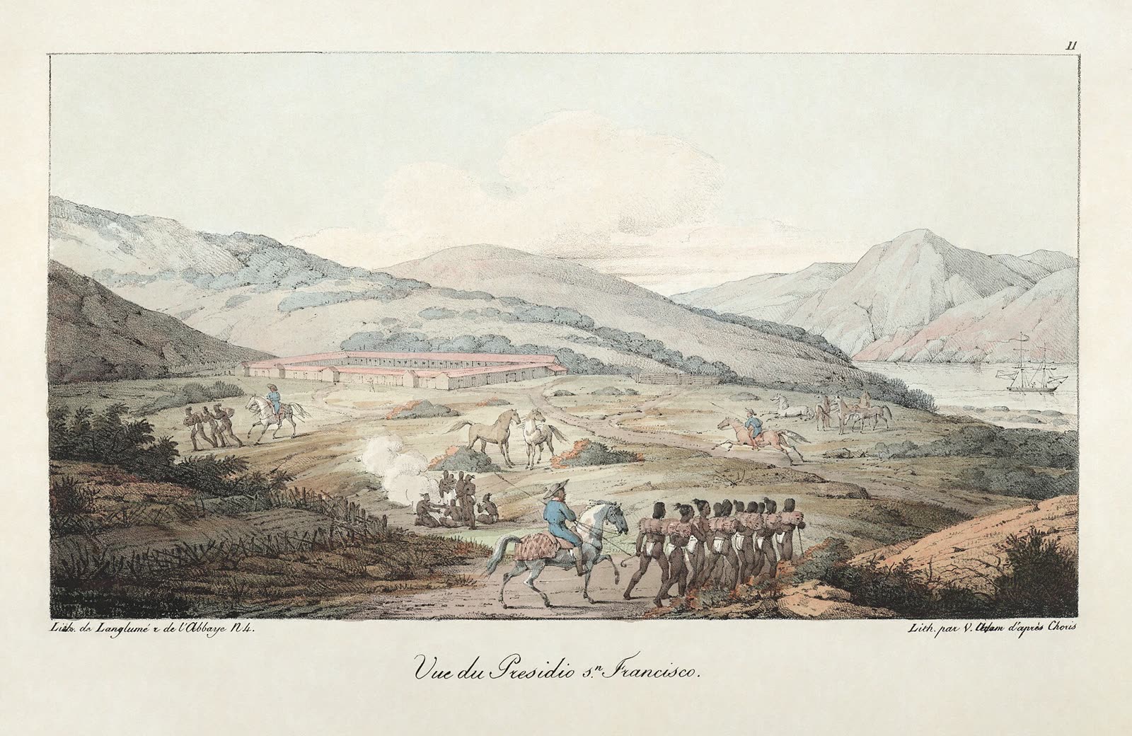 Print of the Spanish Presidio of San Francisco near the Golden Gate, from Louis Choris's 1822 travel book