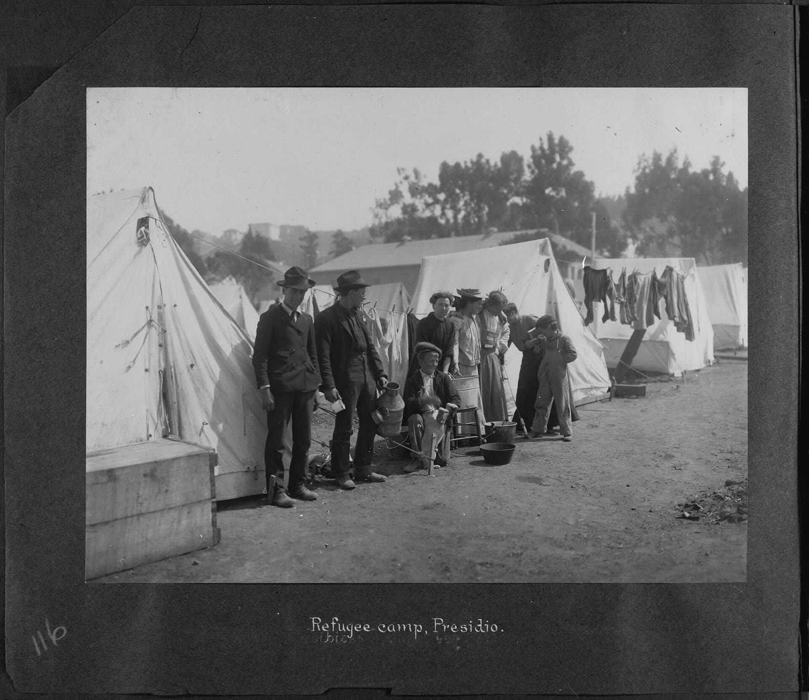 Black and white photograph of the refugee camp in the Presidio after the 1906 San Francisco earthquake