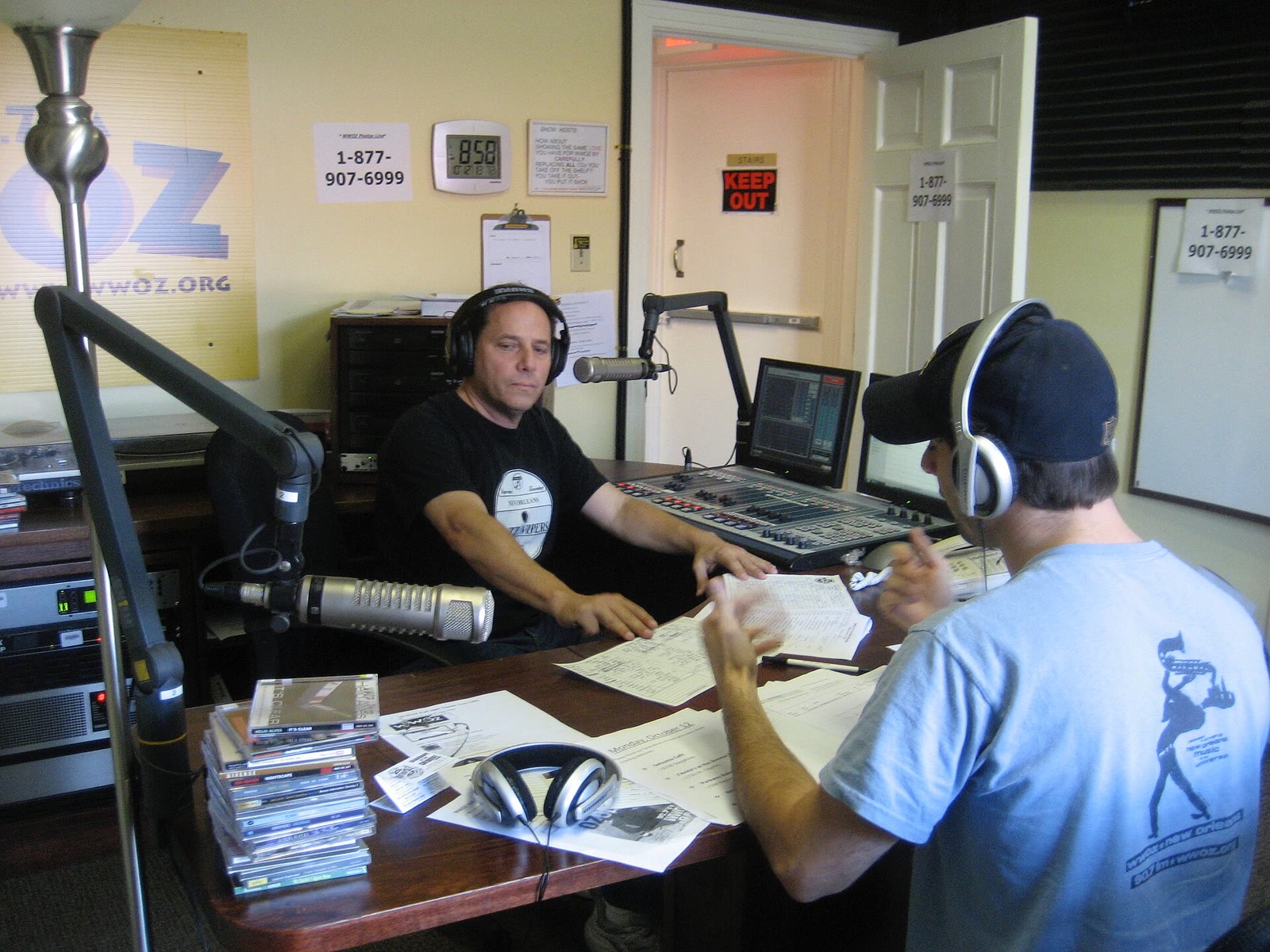 A radio studio with microphones and broadcast equipment at WWOZ in New Orleans