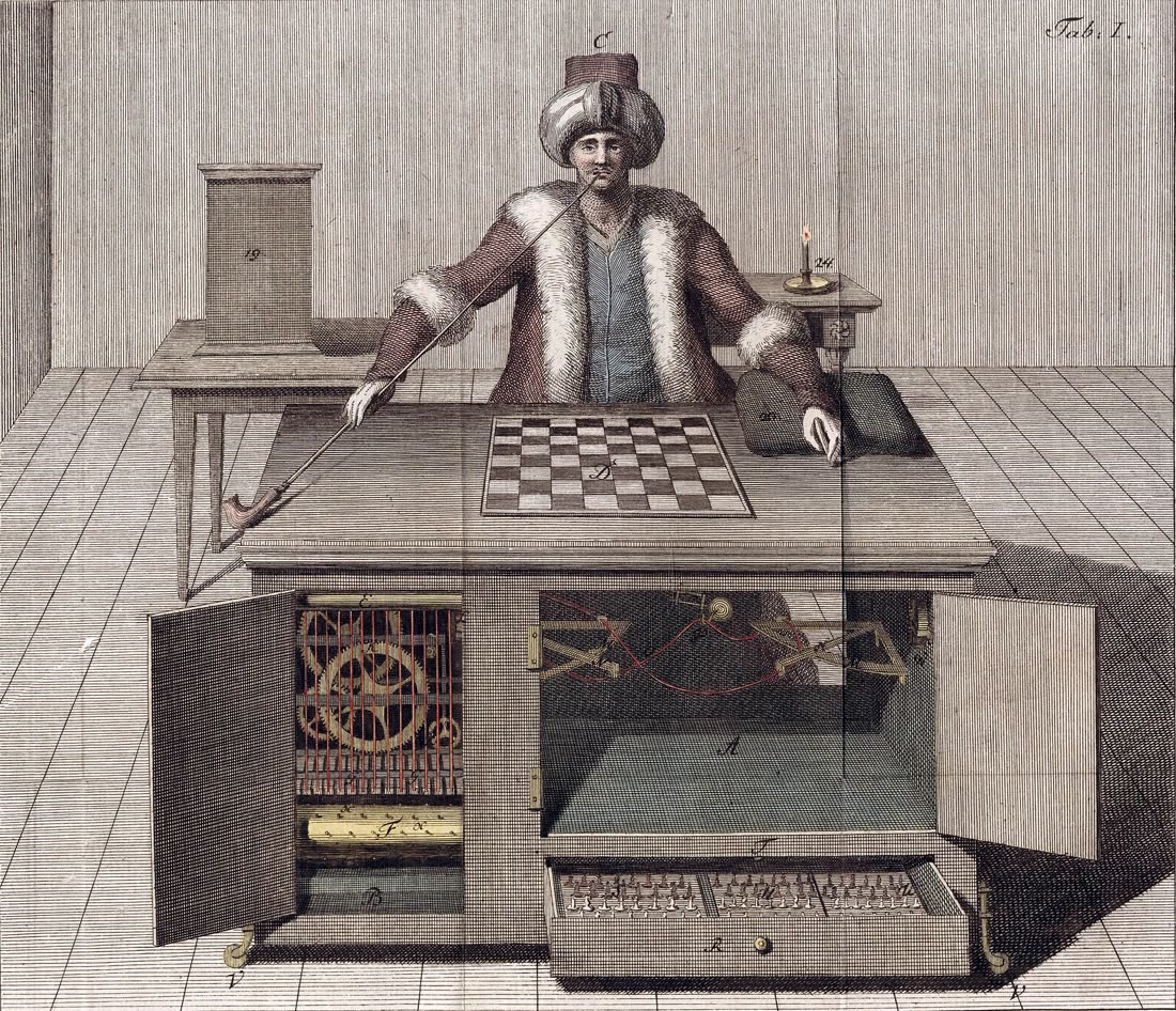 Engraving of Kempelen's chess-playing Turk seated at its cabinet