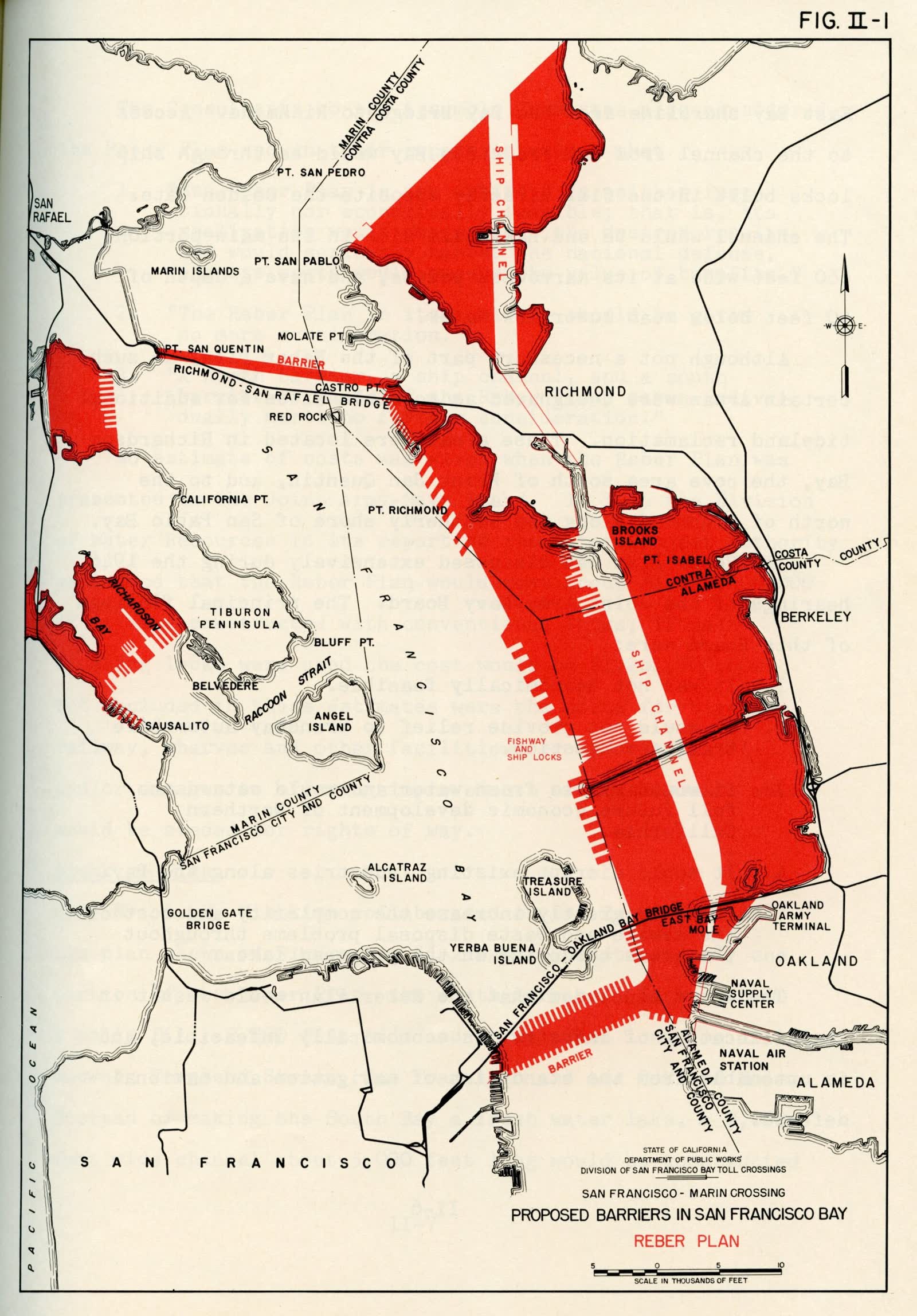 Map of San Francisco Bay showing the barriers proposed in John Reber's plan