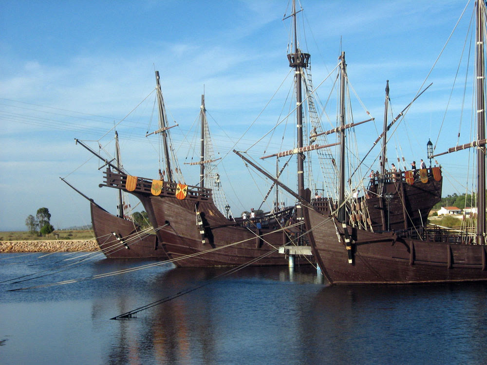 Replicas of the Pinta, Nina and Santa Maria moored at the Muelle de las Carabelas in Palos de la Frontera, Spain