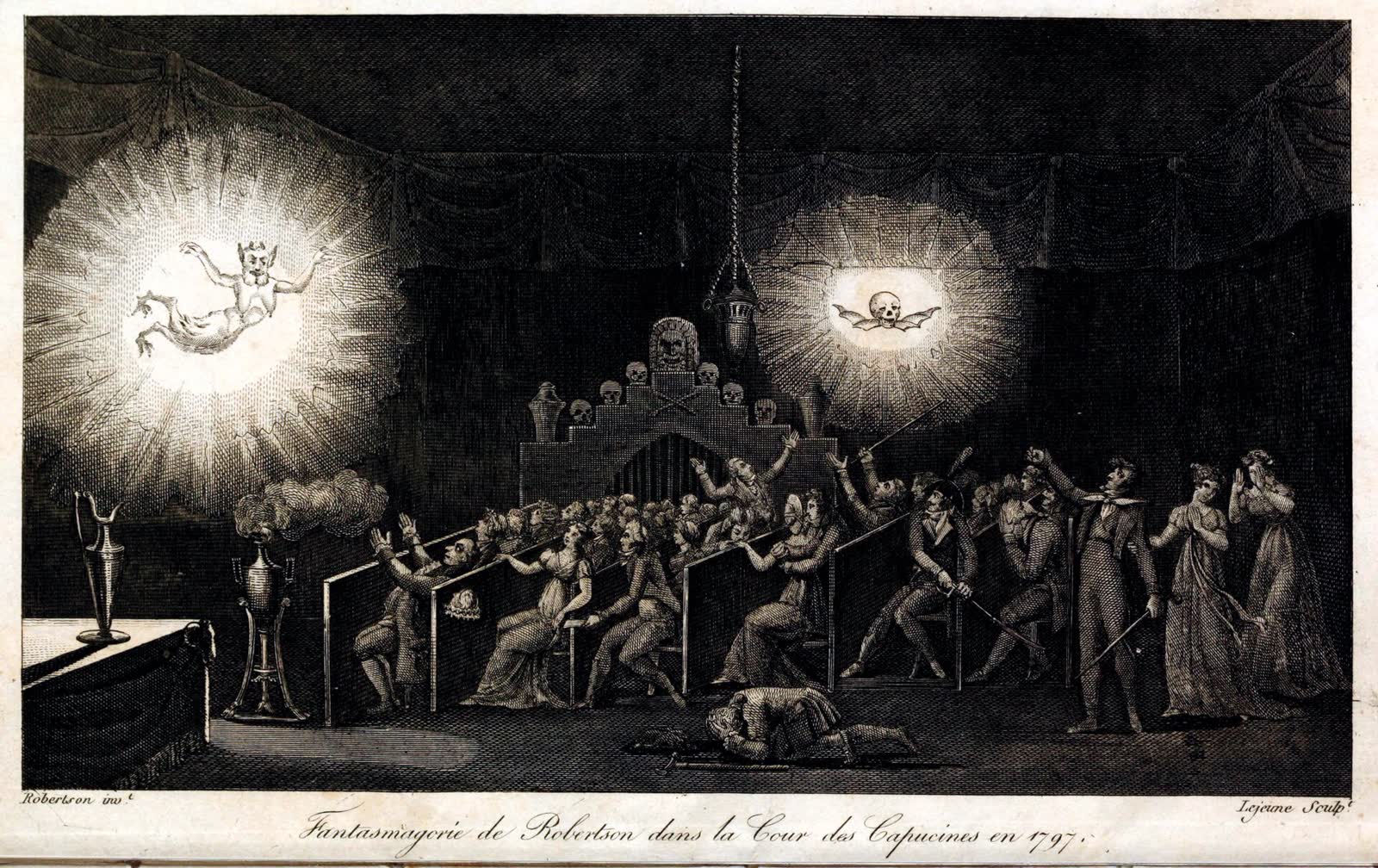 Illustration from Robertson's memoirs of his Fantasmagorie, with a projected spectre looming over spectators
