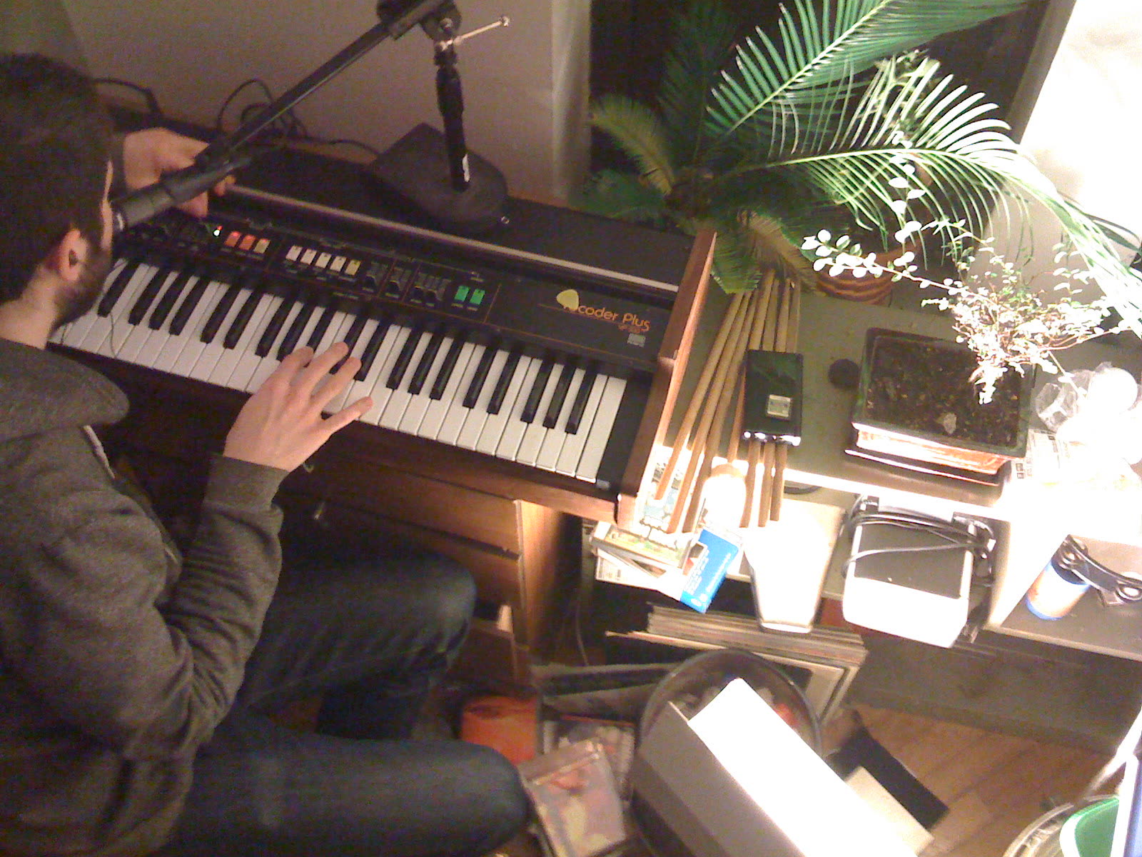 A Roland VP-330 Vocoder Plus keyboard with its row of sliders and switches