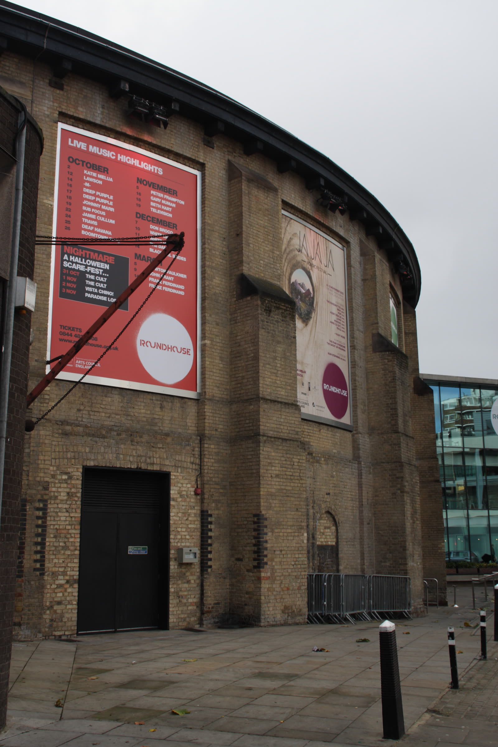 Exterior of the Roundhouse in Camden, London, a former Victorian railway engine shed