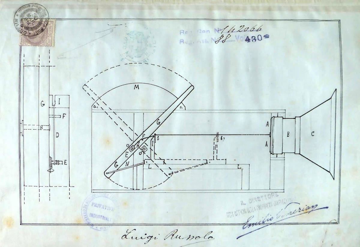 Technical patent drawing of a box-shaped noise instrument with a lever arc and a flared horn, signed Luigi Russolo