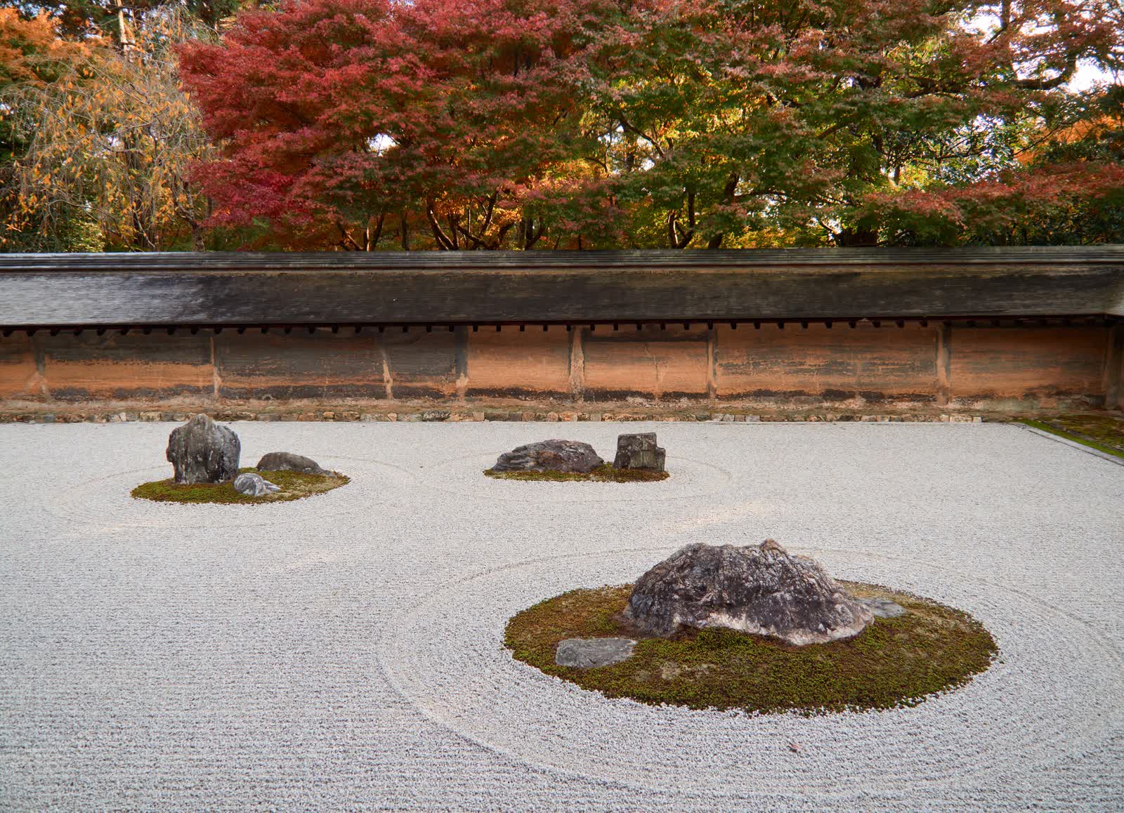 Raked gravel and rocks in the Zen garden at Ryoan-ji temple, Kyoto, Japan