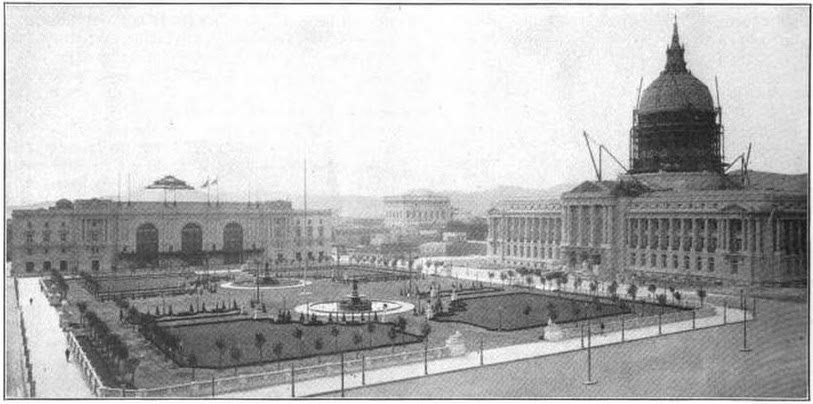1916 photograph of San Francisco's Civic Center Plaza with the new City Hall and the Civic Auditorium