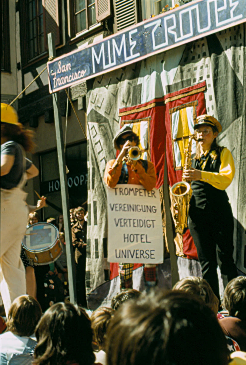 San Francisco Mime Troupe performers at the Club Voltaire festival in Tübingen, Germany, 1980s