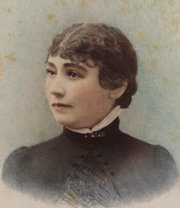 Hand-tinted portrait of a young Sarah Winchester with dark hair in a high-collared black dress
