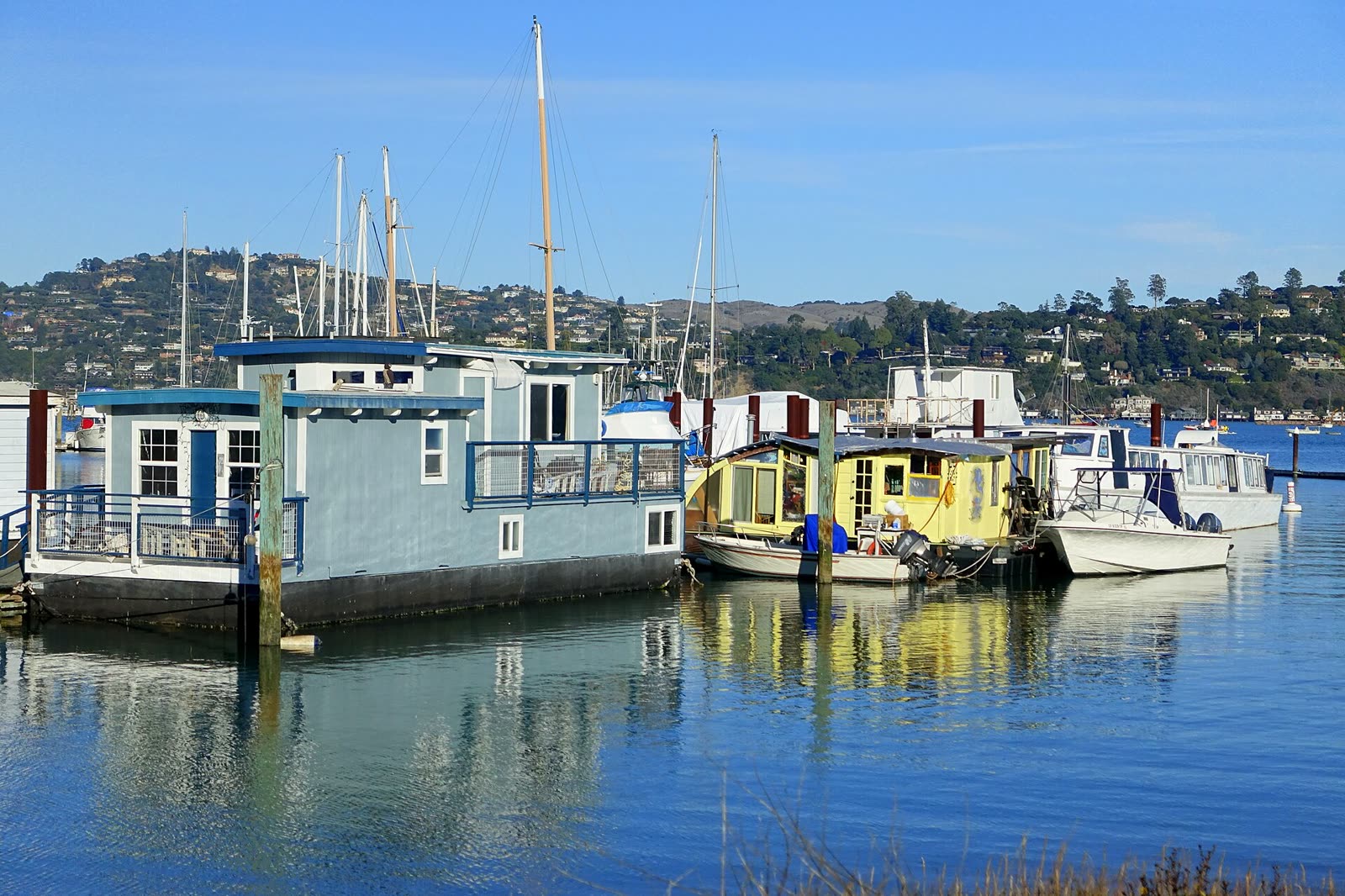 Houseboats moored on the Sausalito waterfront in California