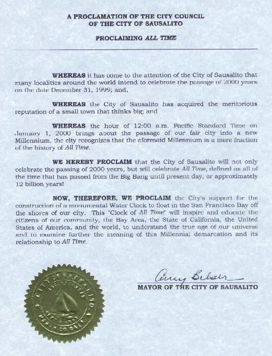 Scan of the City of Sausalito's 1999 proclamation on the millennium and All Time