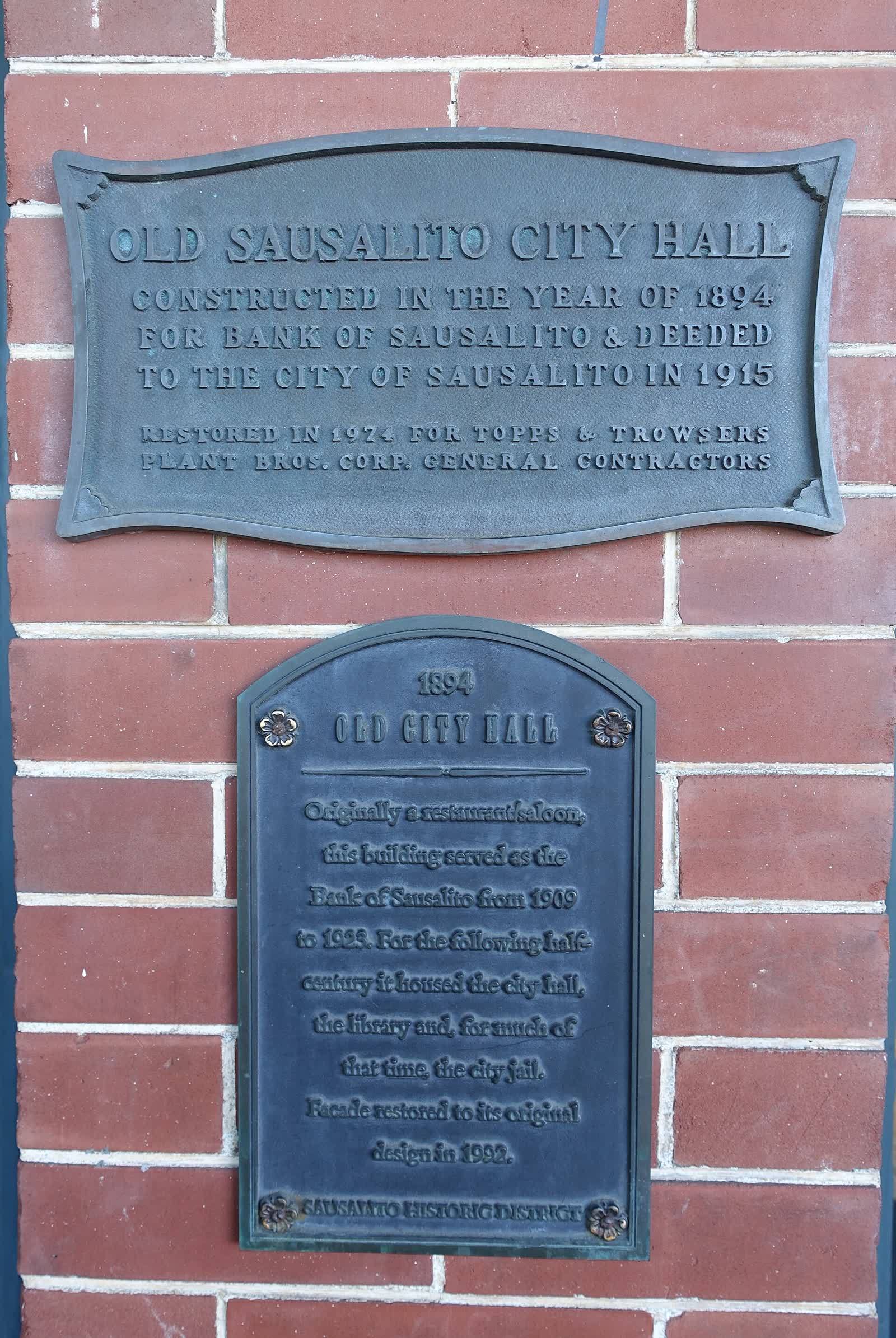 Historic plaques on Sausalito's Old City Hall building of 1894