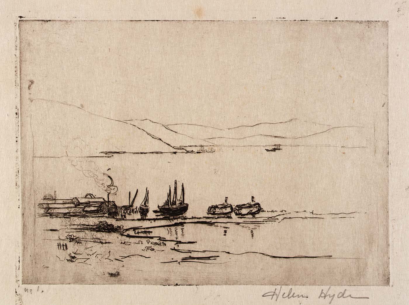 A color print by Helen Hyde showing the hillside town of Sausalito above the bay