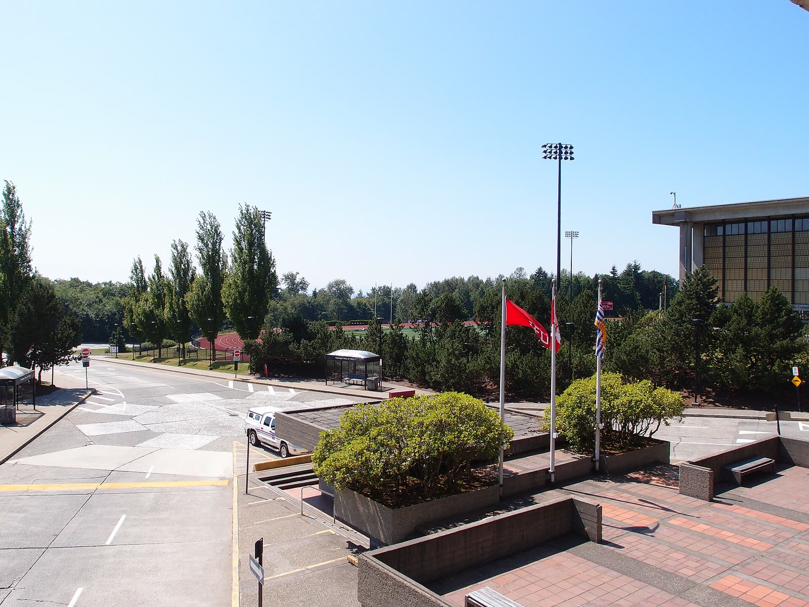 Buildings and walkways of the Simon Fraser University campus in Burnaby