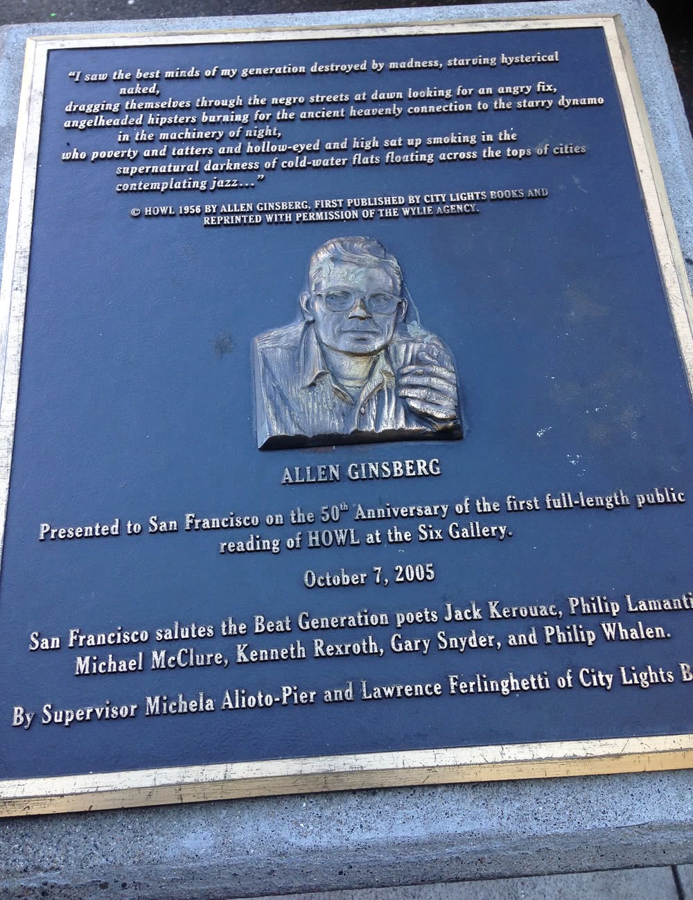 The plaque marking the site of the Six Gallery in San Francisco, placed for the 50th anniversary of the 1955 reading