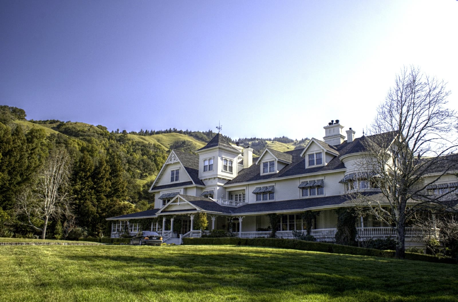 The large white main house at Skywalker Ranch among trees and lawns in Marin County, California