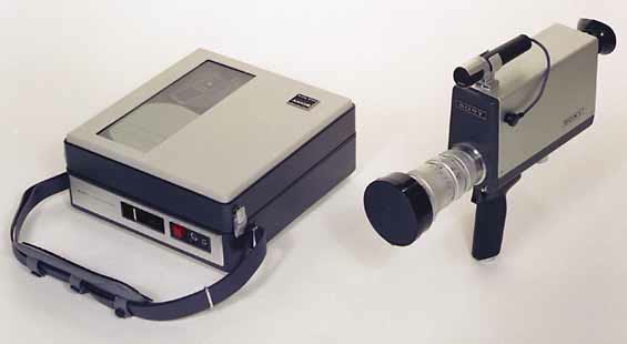 A Sony AV-3400 Portapak portable video recorder with its camera
