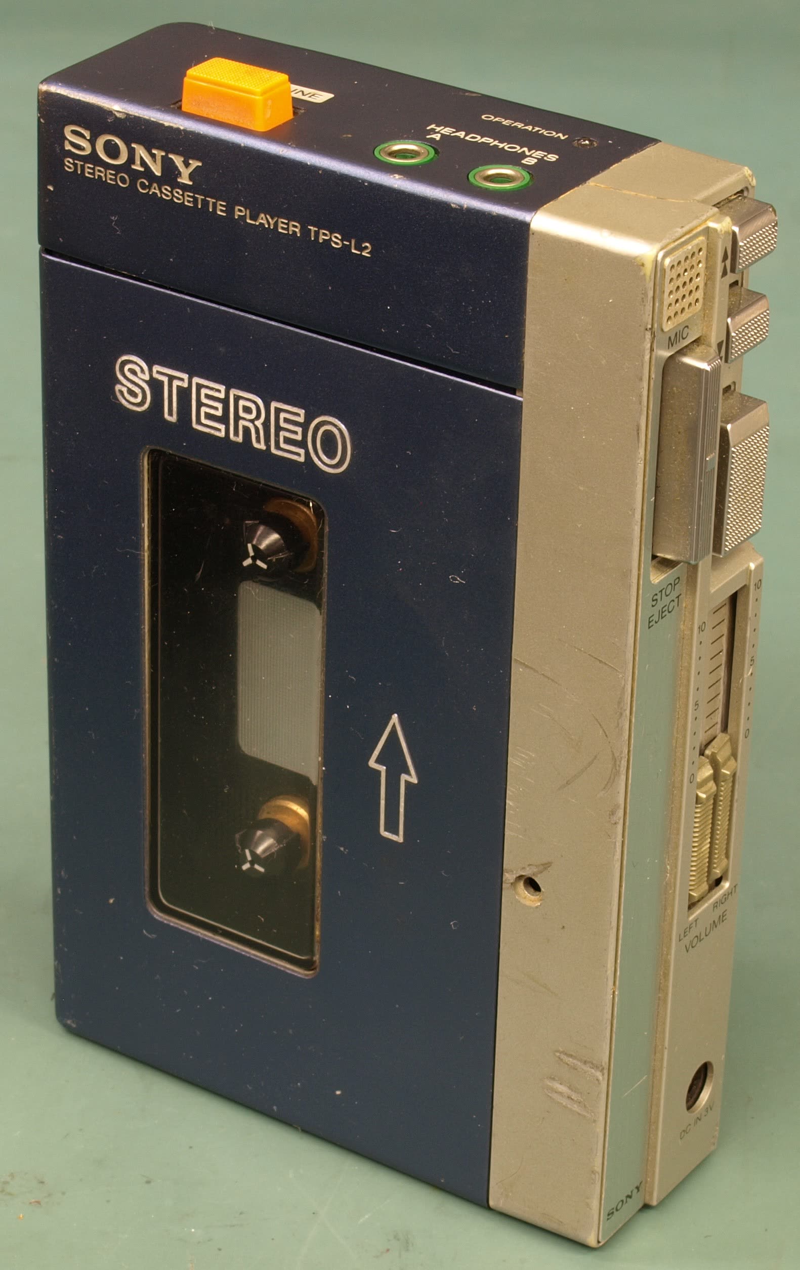 An original 1979 Sony TPS-L2 Walkman taken apart to show its internal mechanism