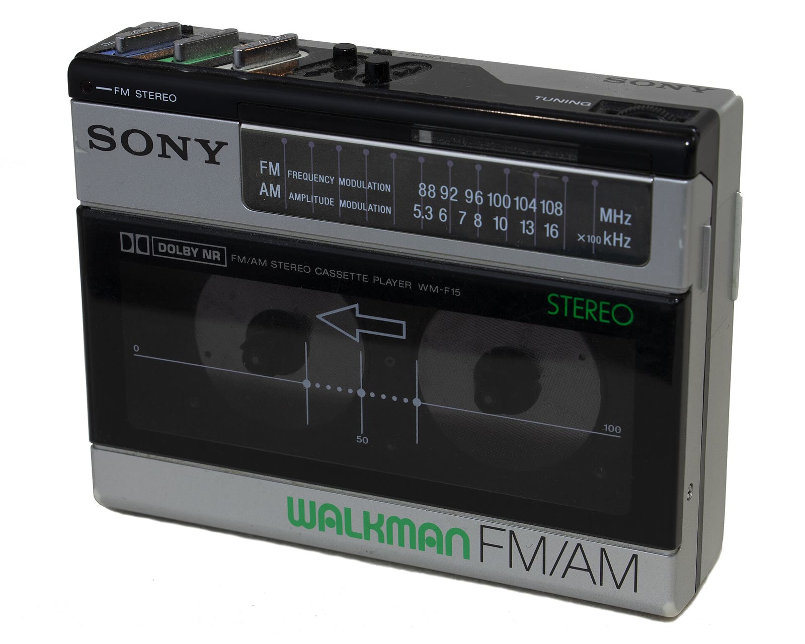 A Sony Walkman WM-F15 portable cassette player with AM and FM radio